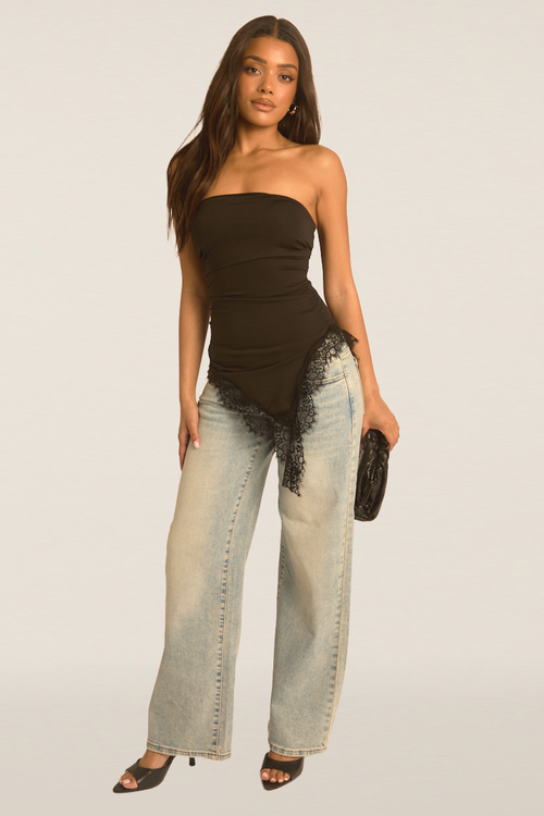 Black Asymmetric Lace Trim Bandeau Top - Solara Position 1