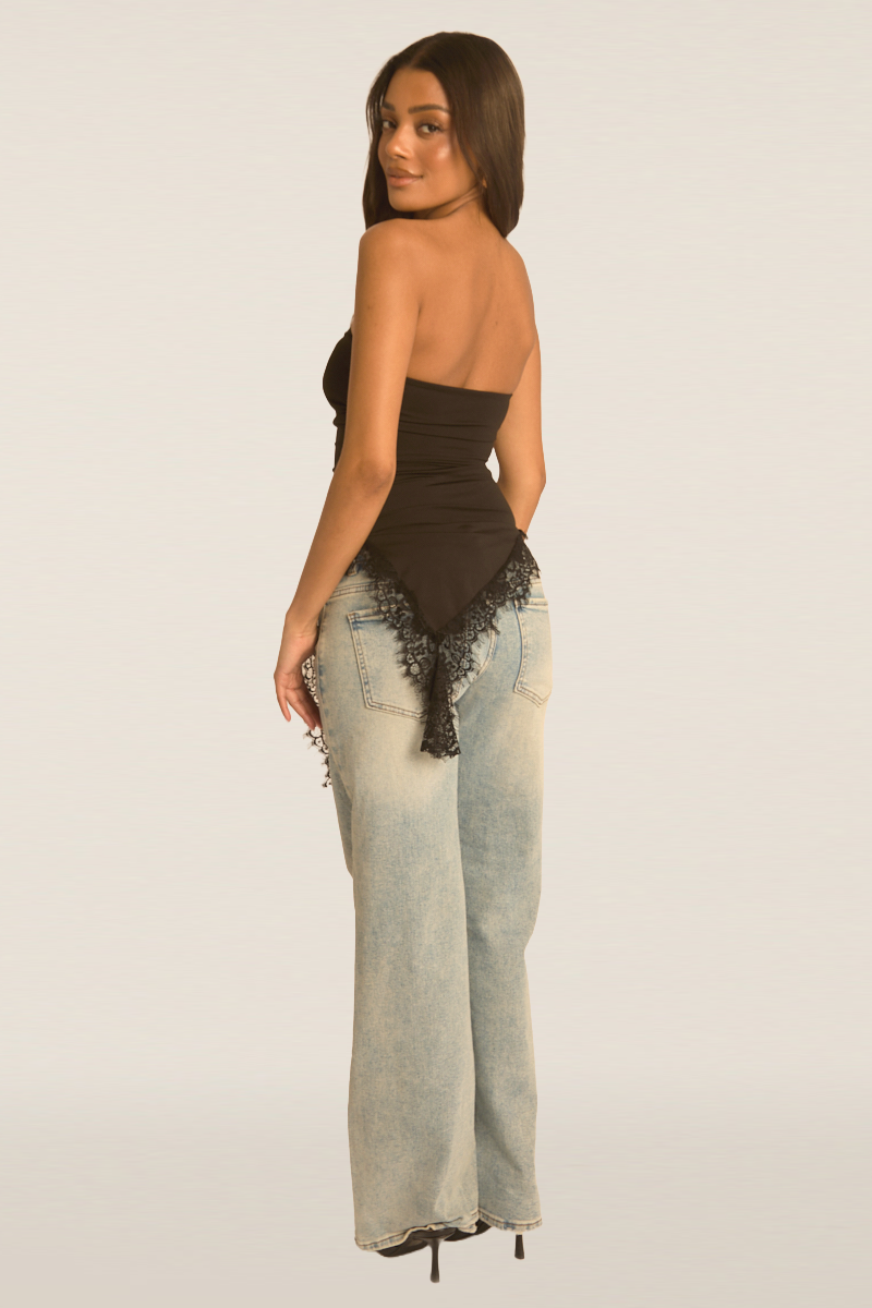 Black Asymmetric Lace Trim Bandeau Top - Solara Position 4