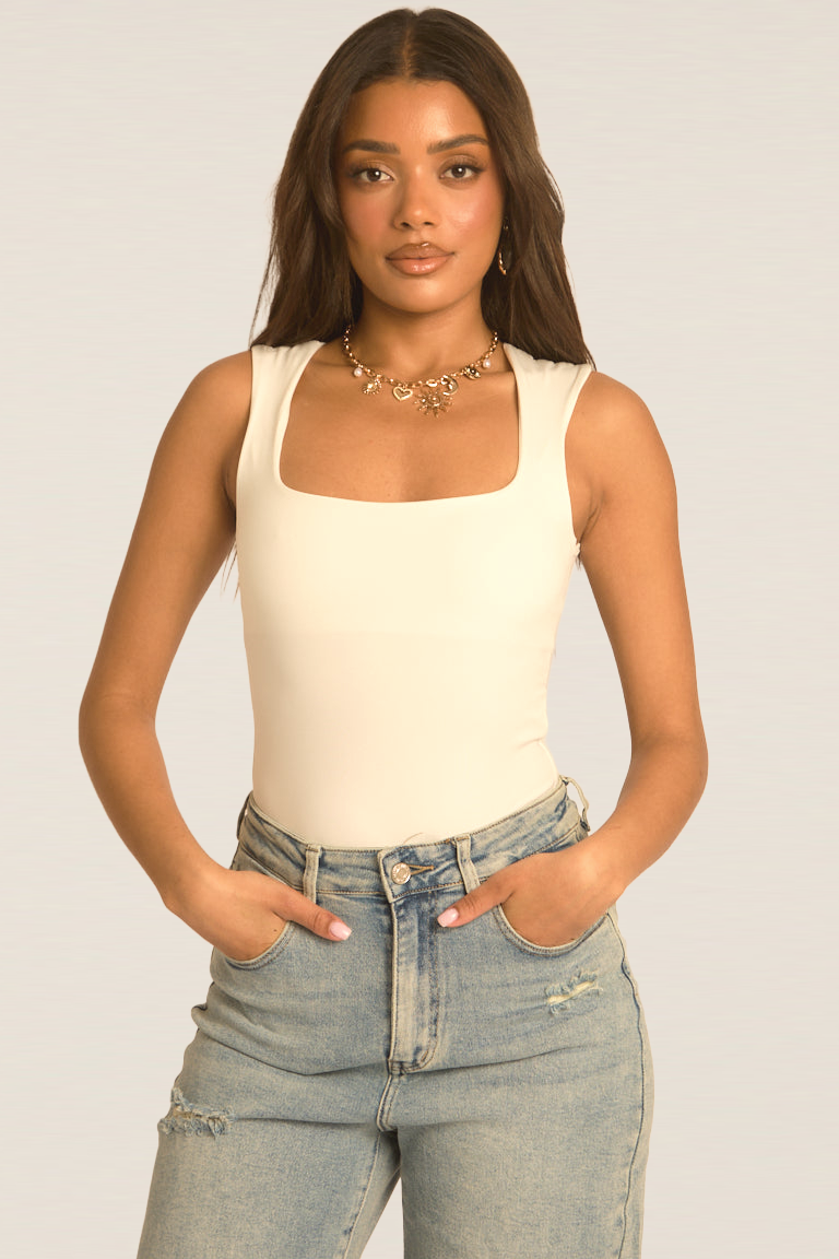 White Square Neck Basic Bodysuit - Carren Position 1