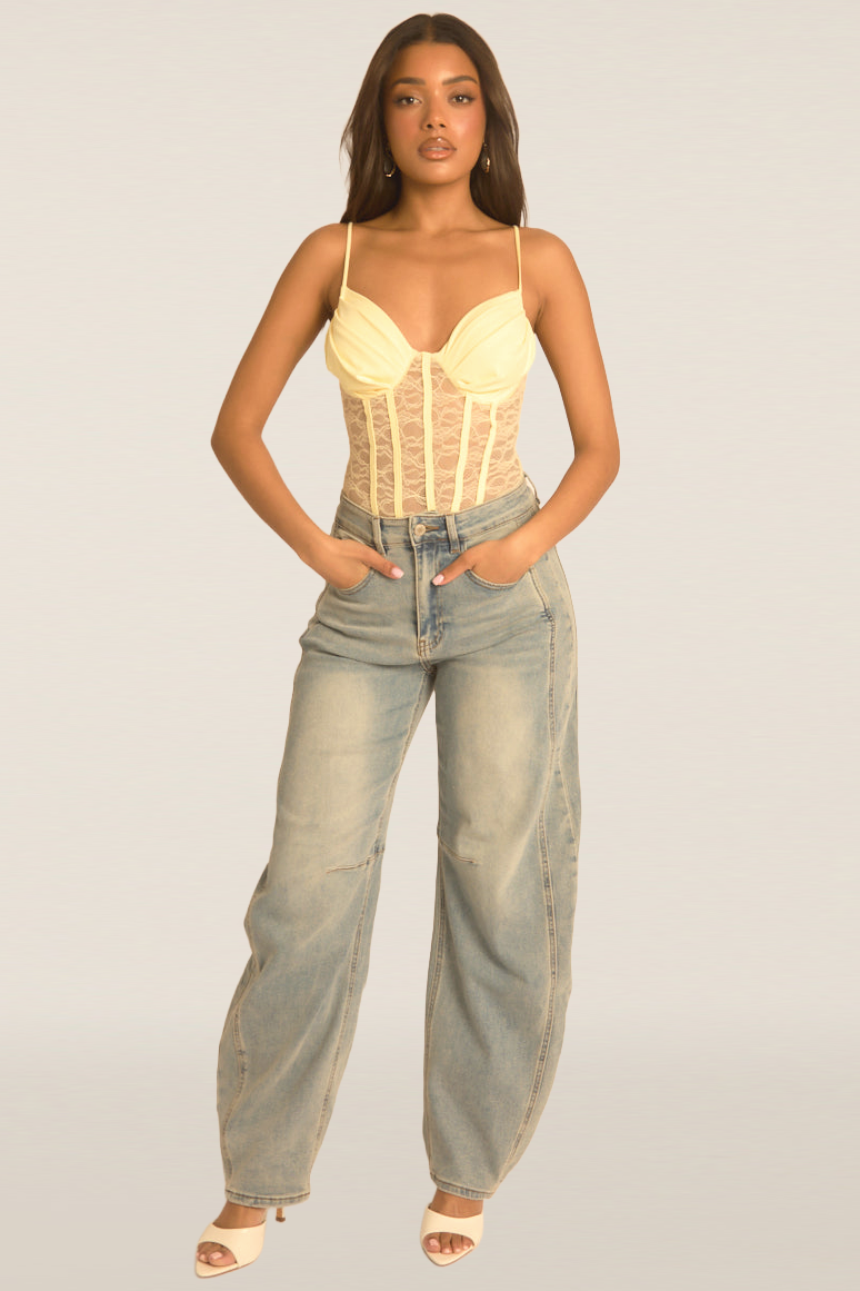 Yellow Lace Corset Detail Bodysuit - Charlee Position 2