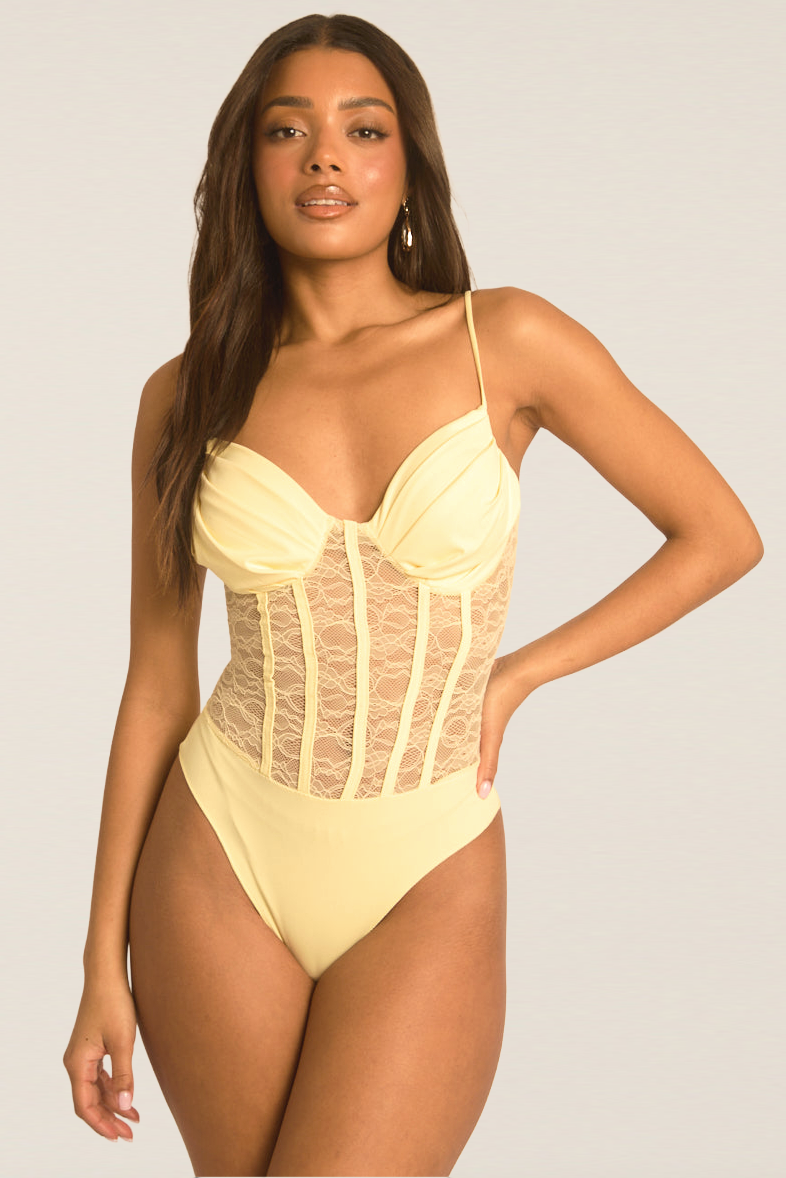 Yellow Lace Corset Detail Bodysuit - Charlee Position 3