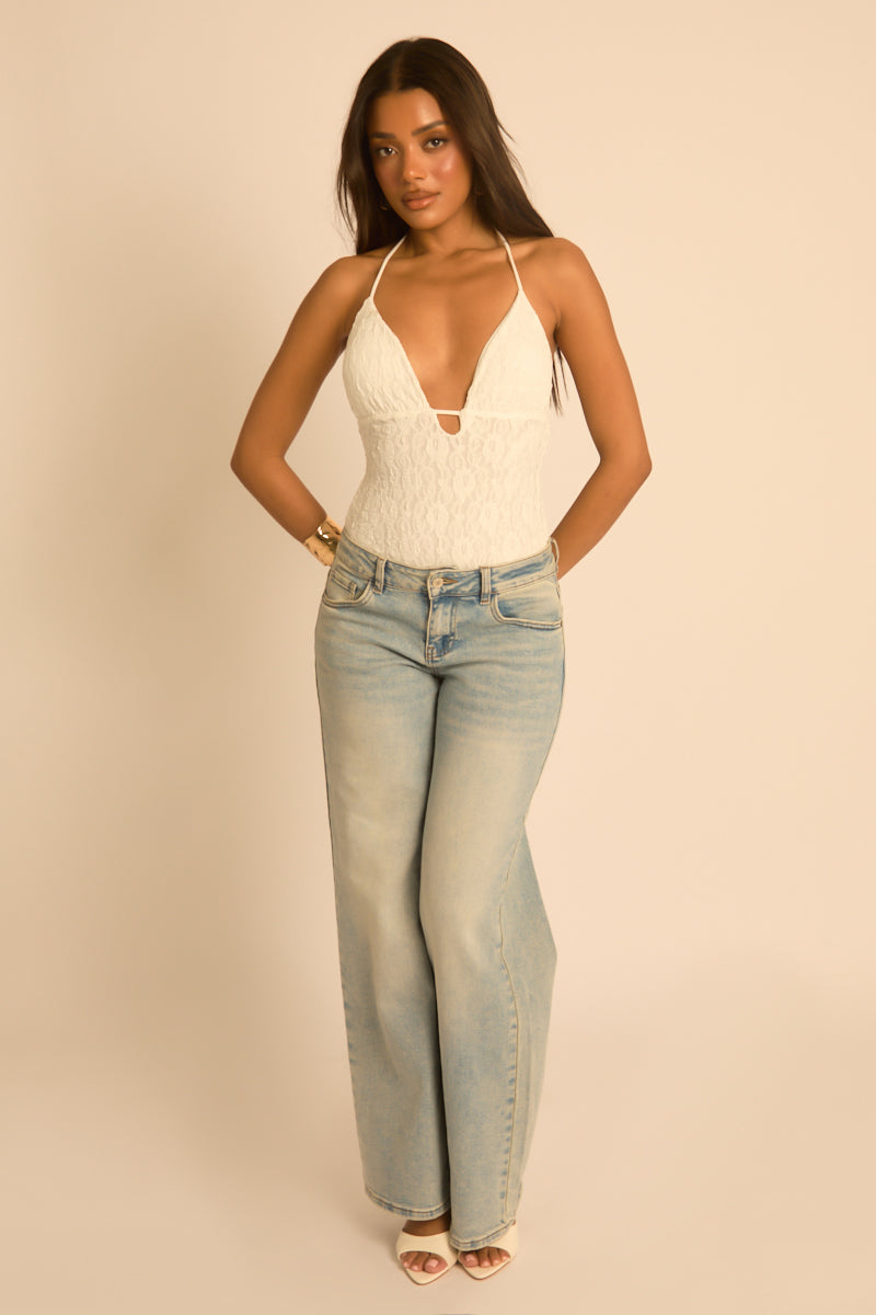 White Lace Plunge Bodysuit - India Position 2