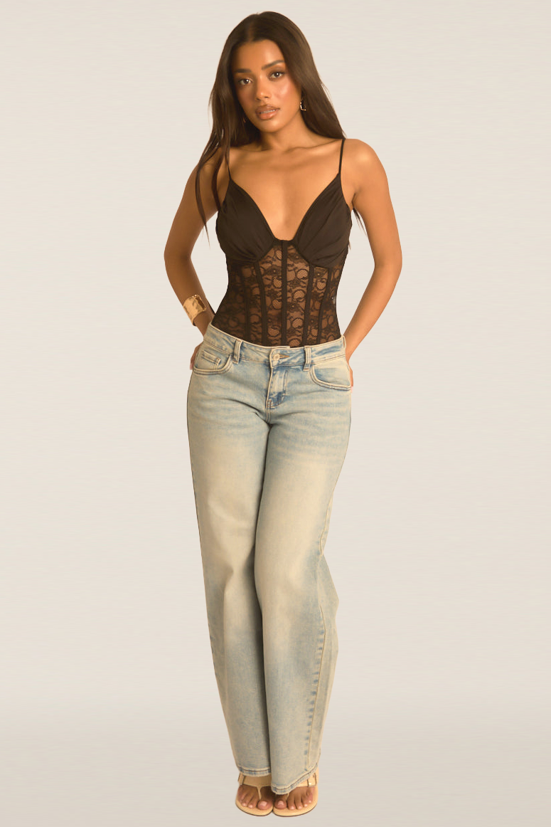Black Lace Corset Detail Bodysuit - Charlee Position 2