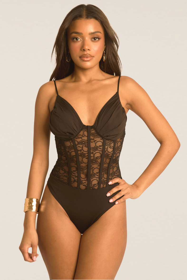 Black Lace Corset Detail Bodysuit - Charlee Position 3