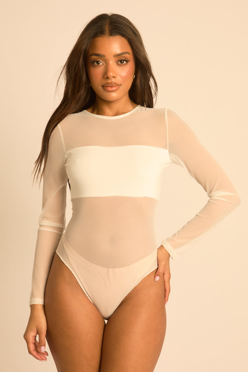 White Mesh Long Sleeve Bodysuit - Maris Position 3