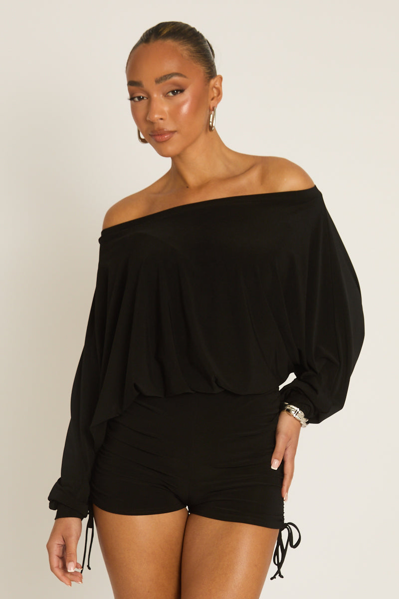 Black Off Shoulder Blouson Playsuit - Kada Position 2