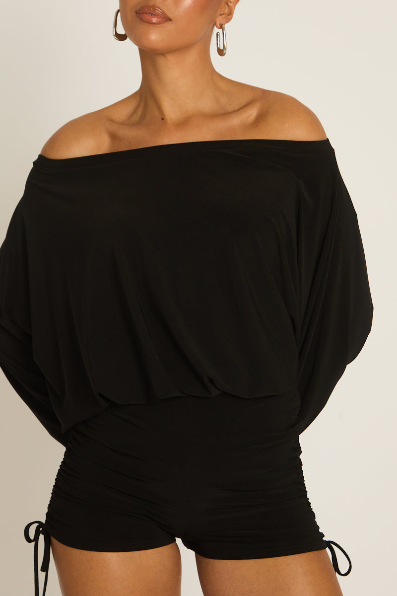 Black Off Shoulder Blouson Playsuit - Kada Position 3