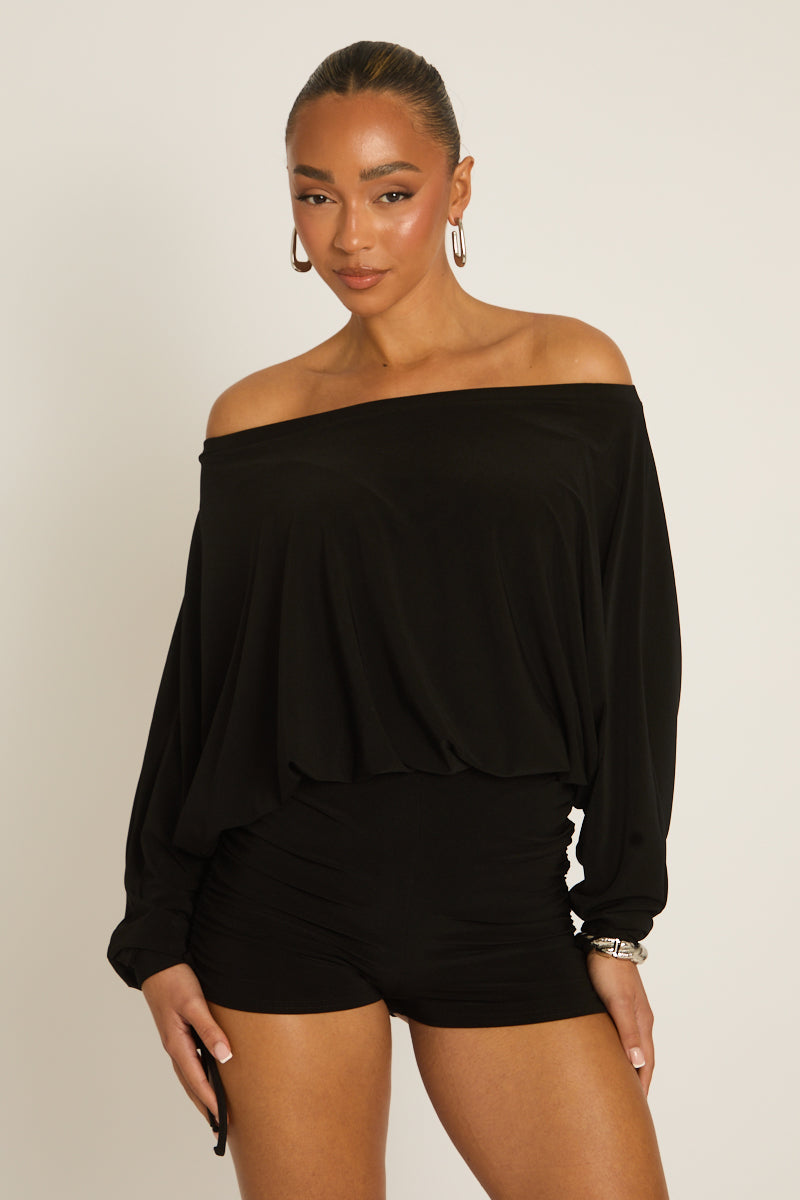 Black Off Shoulder Blouson Playsuit - Kada Position 5