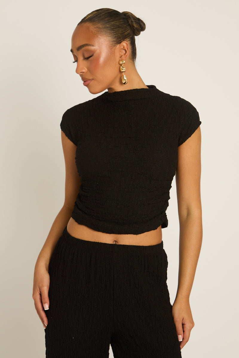 Black Textured Top and Wide Leg Trouser Co-ord Set - Florence Position 3