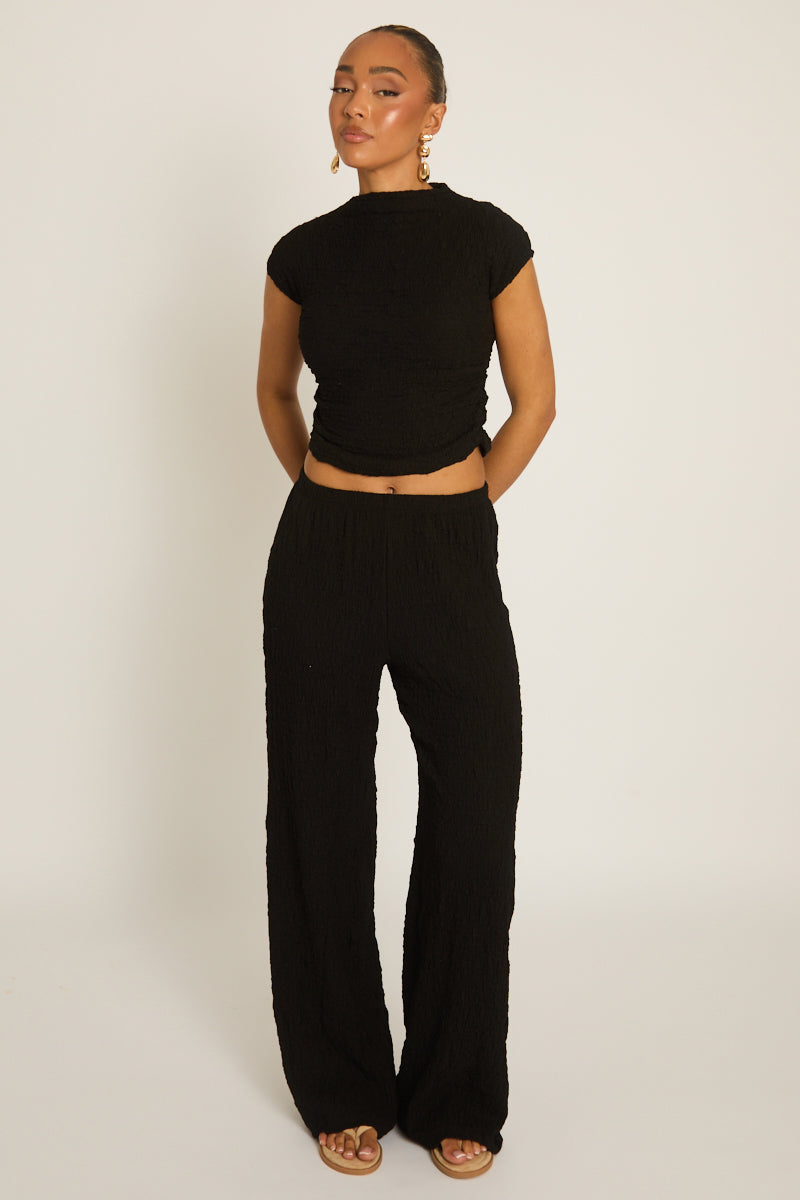 Black Textured Top and Wide Leg Trouser Co-ord Set - Florence Position 1