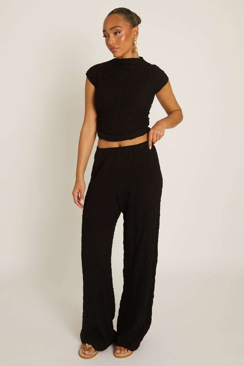 Black Textured Top and Wide Leg Trouser Co-ord Set - Florence Position 2