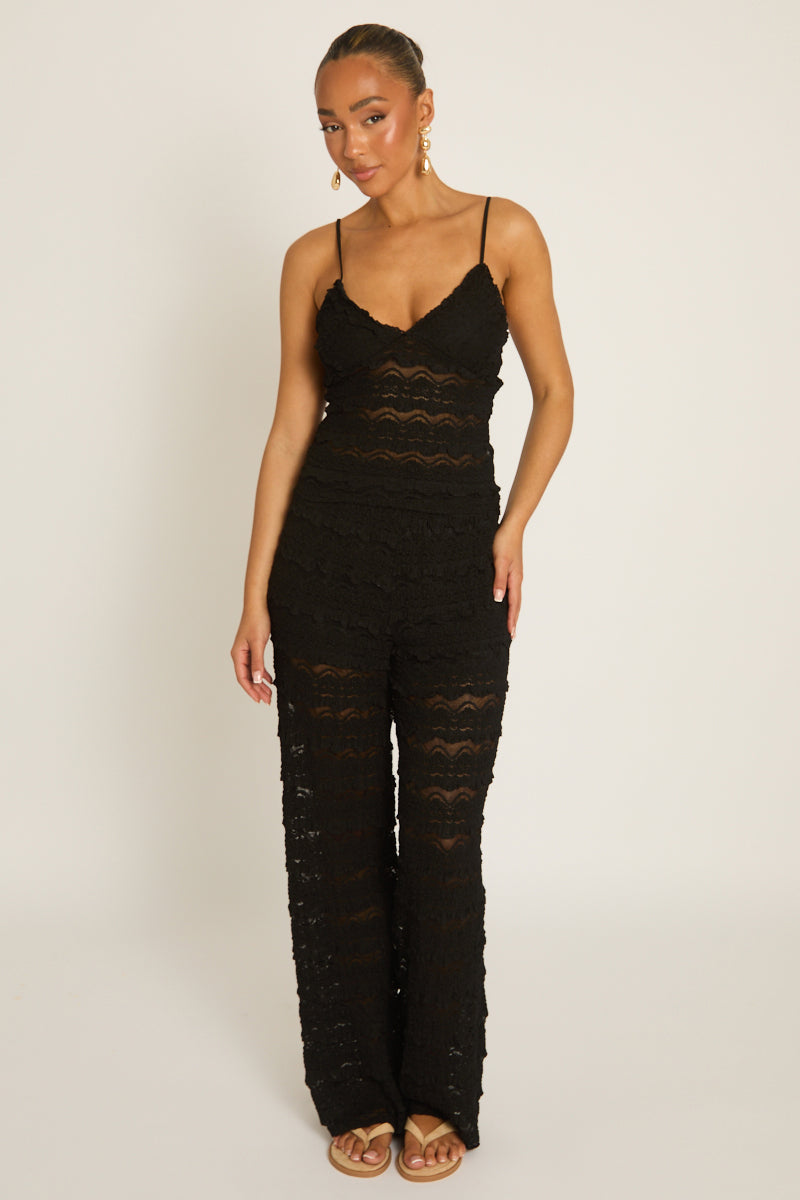 Black Lace Frill Cami and Trouser Co-ord Set - Verona Position 1