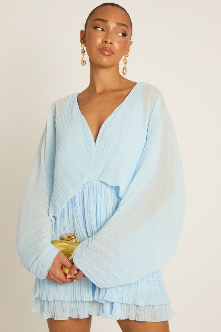 Blue Pleated Ruffle Hem Playsuit - Victoria Position 2