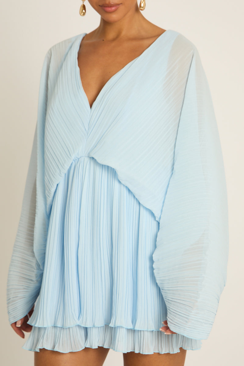 Blue Pleated Ruffle Hem Playsuit - Victoria Position 3