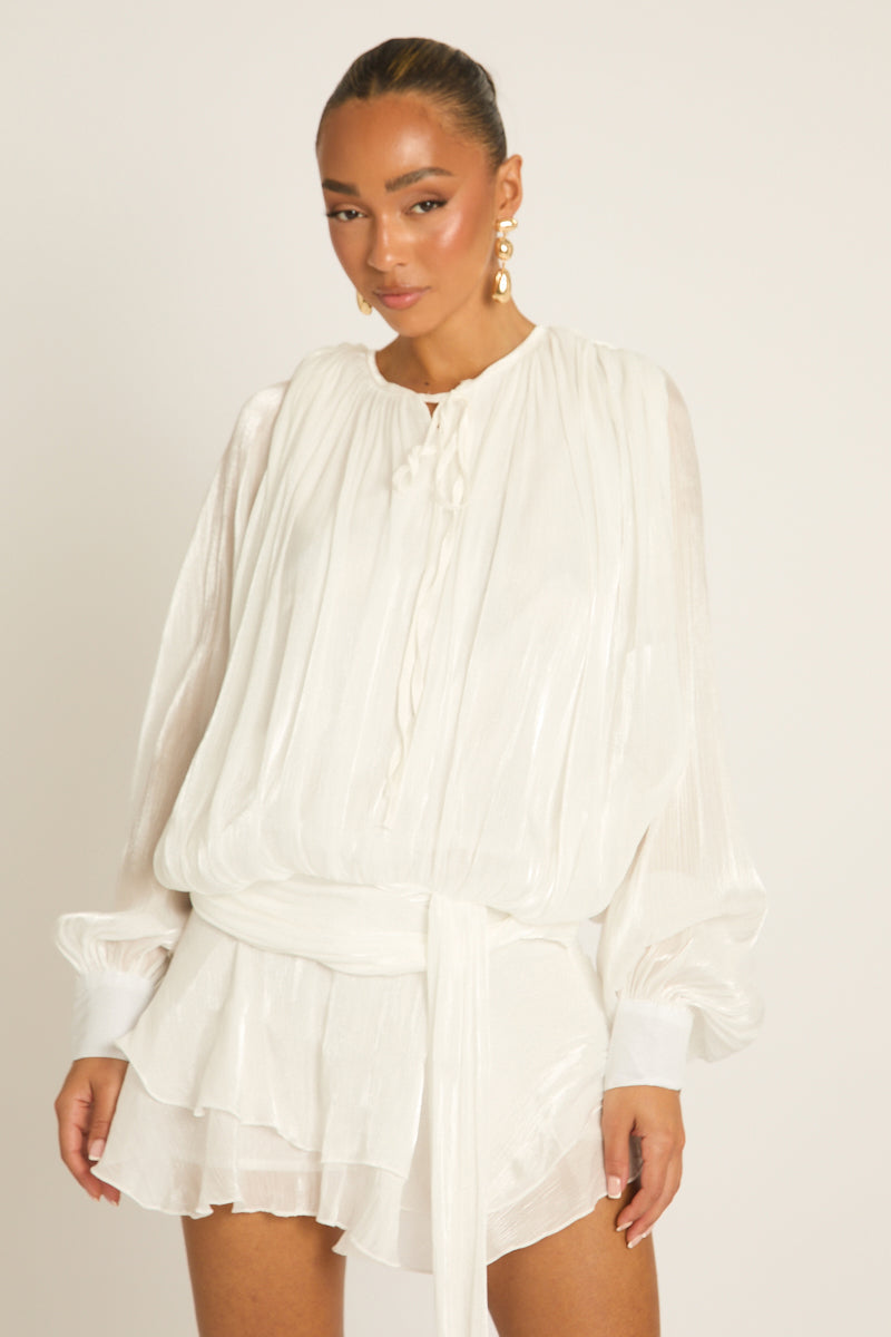 White Tie Front Blouson Mini Dress - Annabelle Position 1