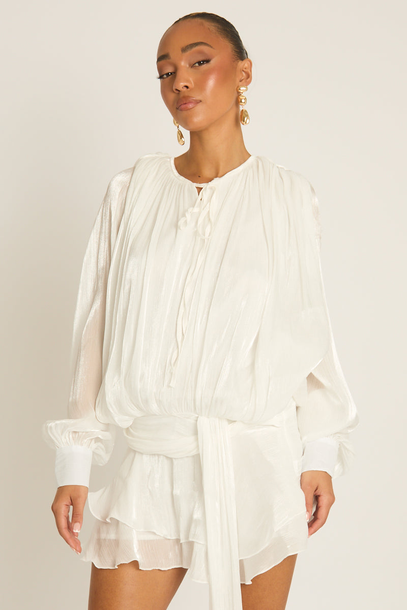 White Tie Front Blouson Mini Dress - Annabelle Position 3