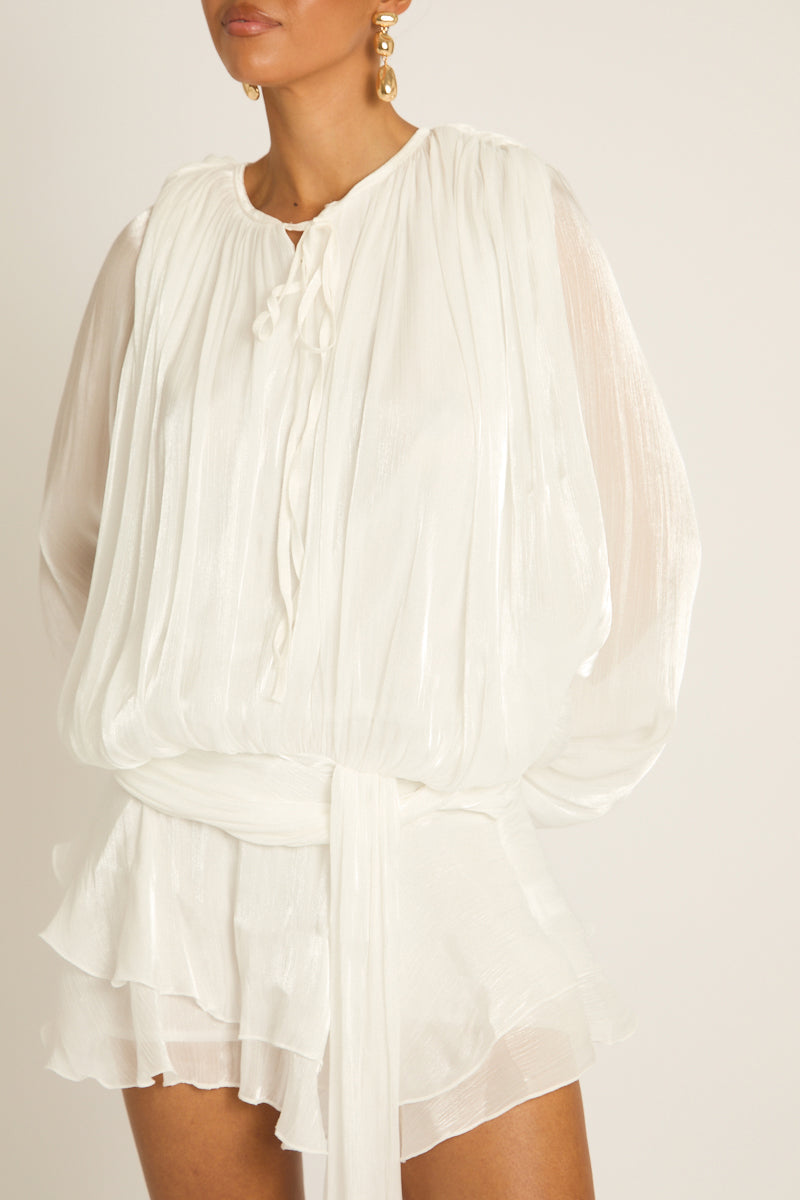 White Tie Front Blouson Mini Dress - Annabelle Position 4