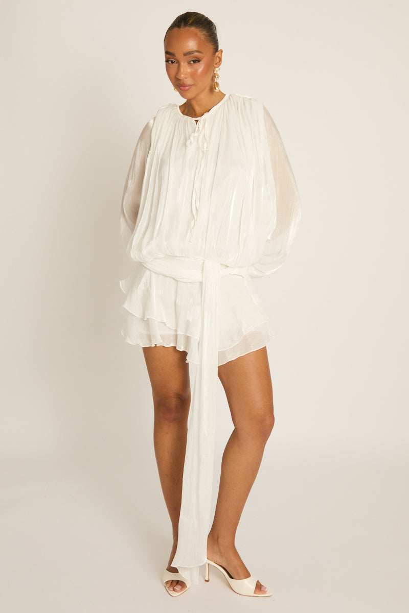 White Tie Front Blouson Mini Dress - Annabelle Position 2