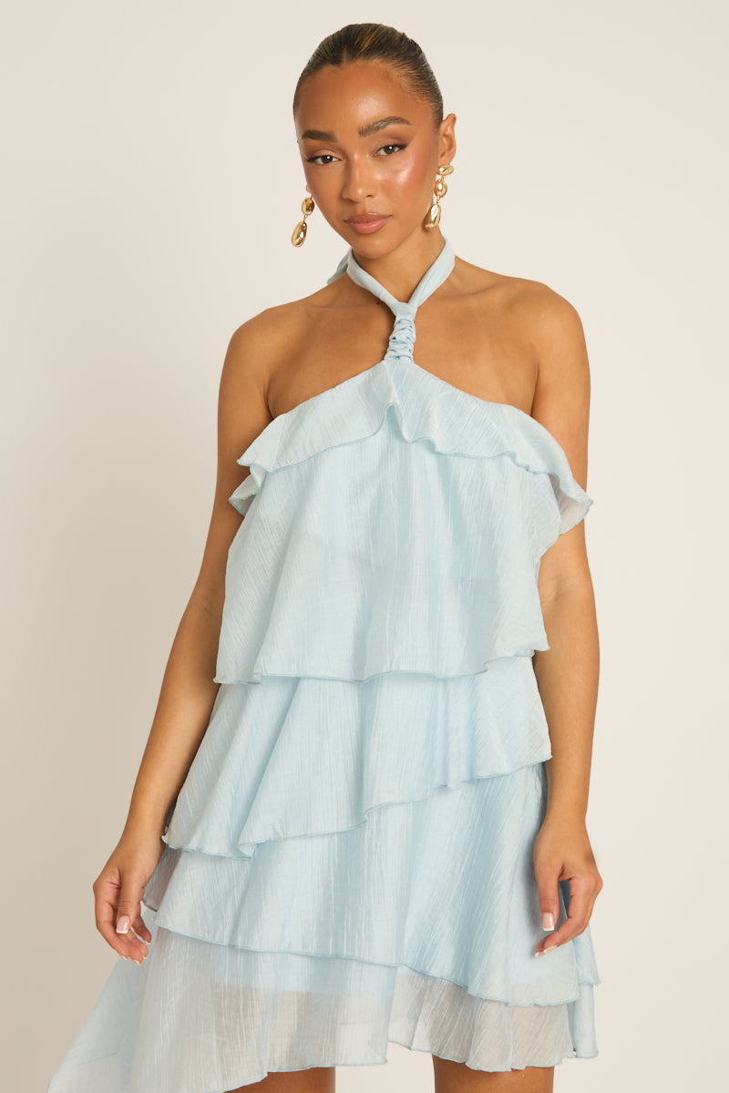 Blue Ruffle Halterneck Mini Dress - Rowan Position 2