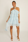 Blue Ruffle Halterneck Mini Dress - Rowan Position 1