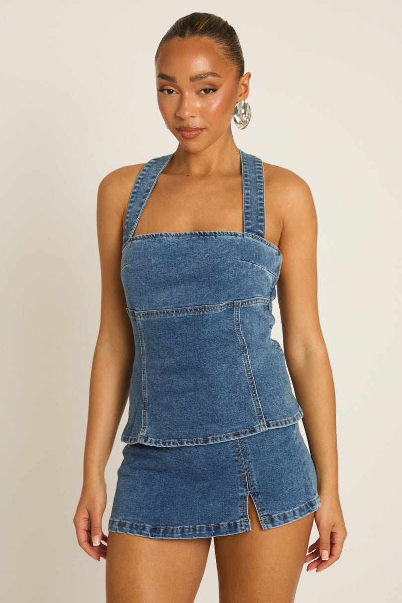 Mid Blue Denim Seam Detail Top - Layla Position 4