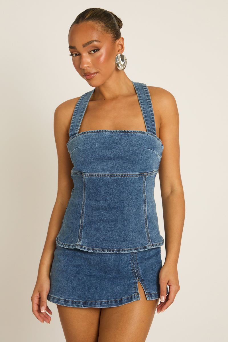 Mid Blue Denim Seam Detail Top - Layla Position 1