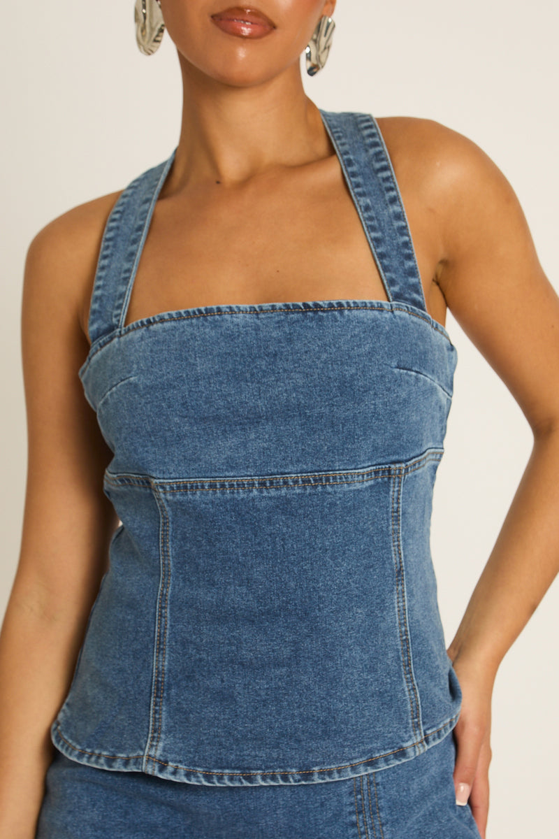 Mid Blue Denim Seam Detail Top - Layla Position 3