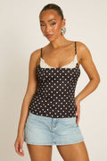 Black Satin Polka Dot Lace Trim Cami Top - Arna Position 1