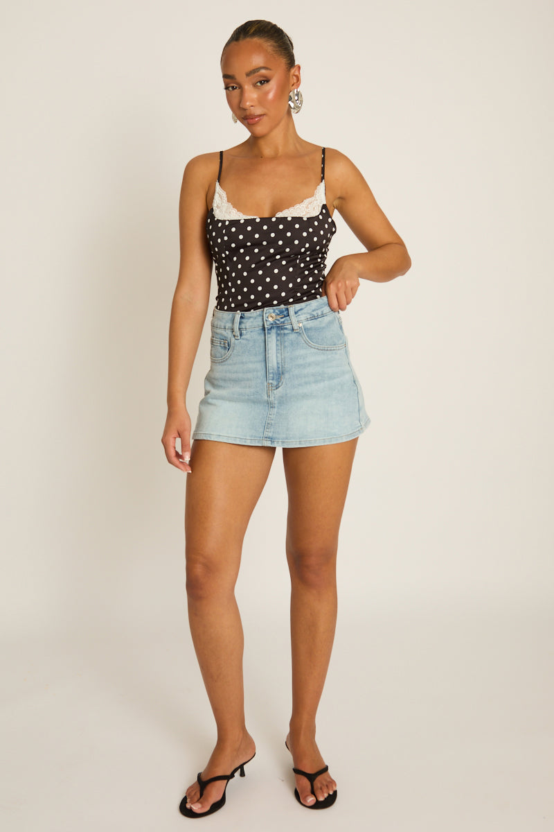 Black Satin Polka Dot Lace Trim Cami Top - Arna Position 2
