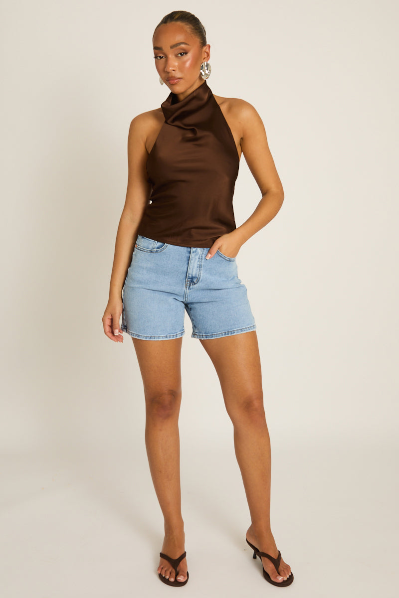 Chocolate Satin High Neck Cowl Top - Dawson Position 2
