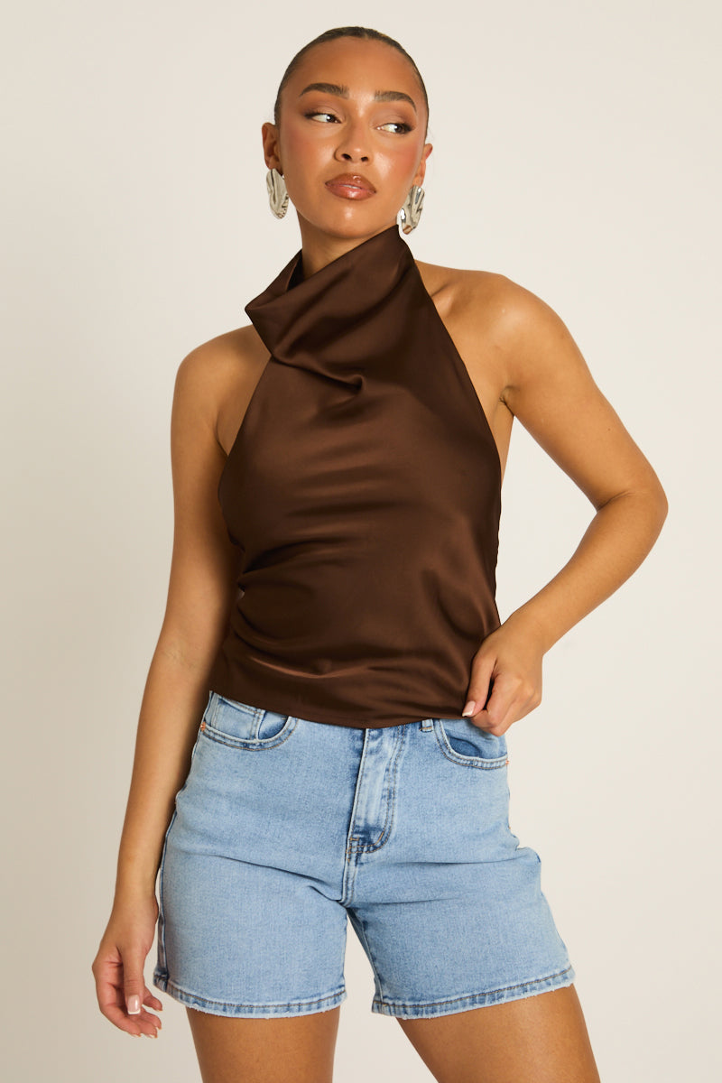 Chocolate Satin High Neck Cowl Top - Dawson Position 3