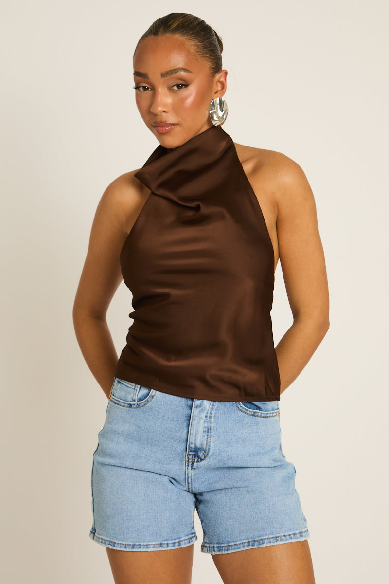 Chocolate Satin High Neck Cowl Top - Dawson Position 1