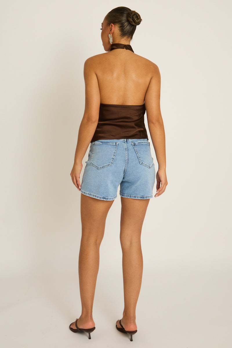 Chocolate Satin High Neck Cowl Top - Dawson Position 5