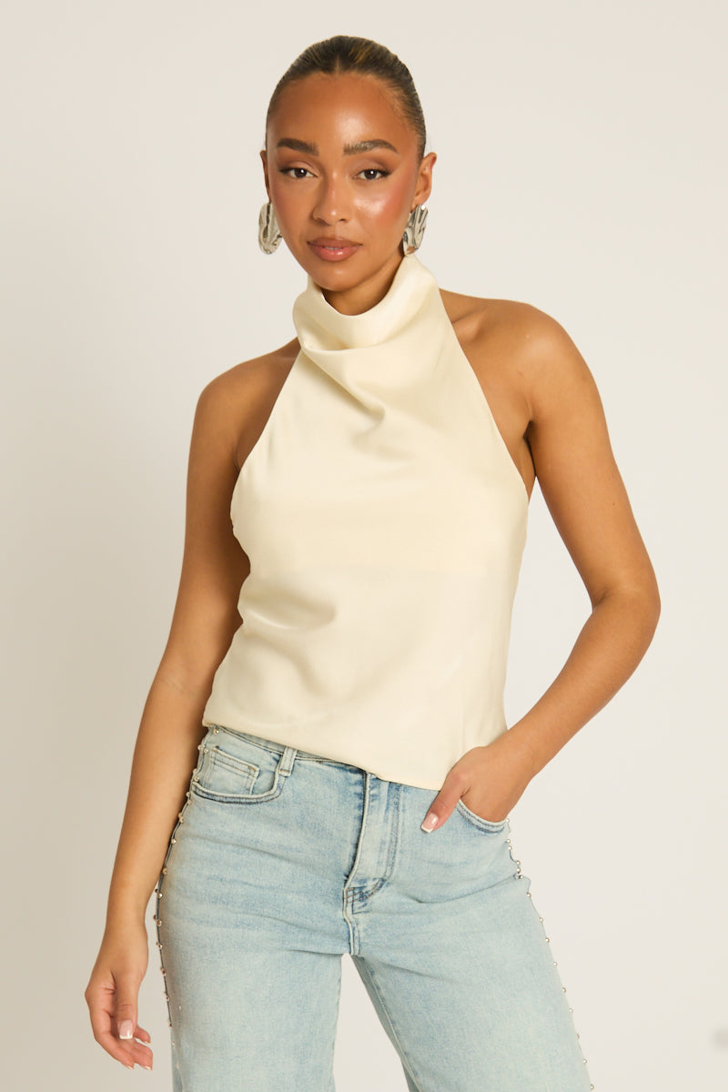 Cream Satin High Neck Cowl Top - Dawson Position 1