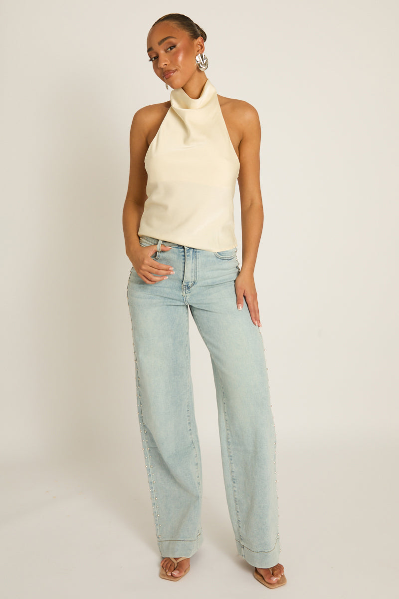 Cream Satin High Neck Cowl Top - Dawson Position 2