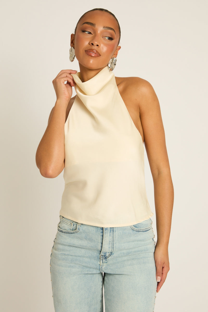 Cream Satin High Neck Cowl Top - Dawson Position 4