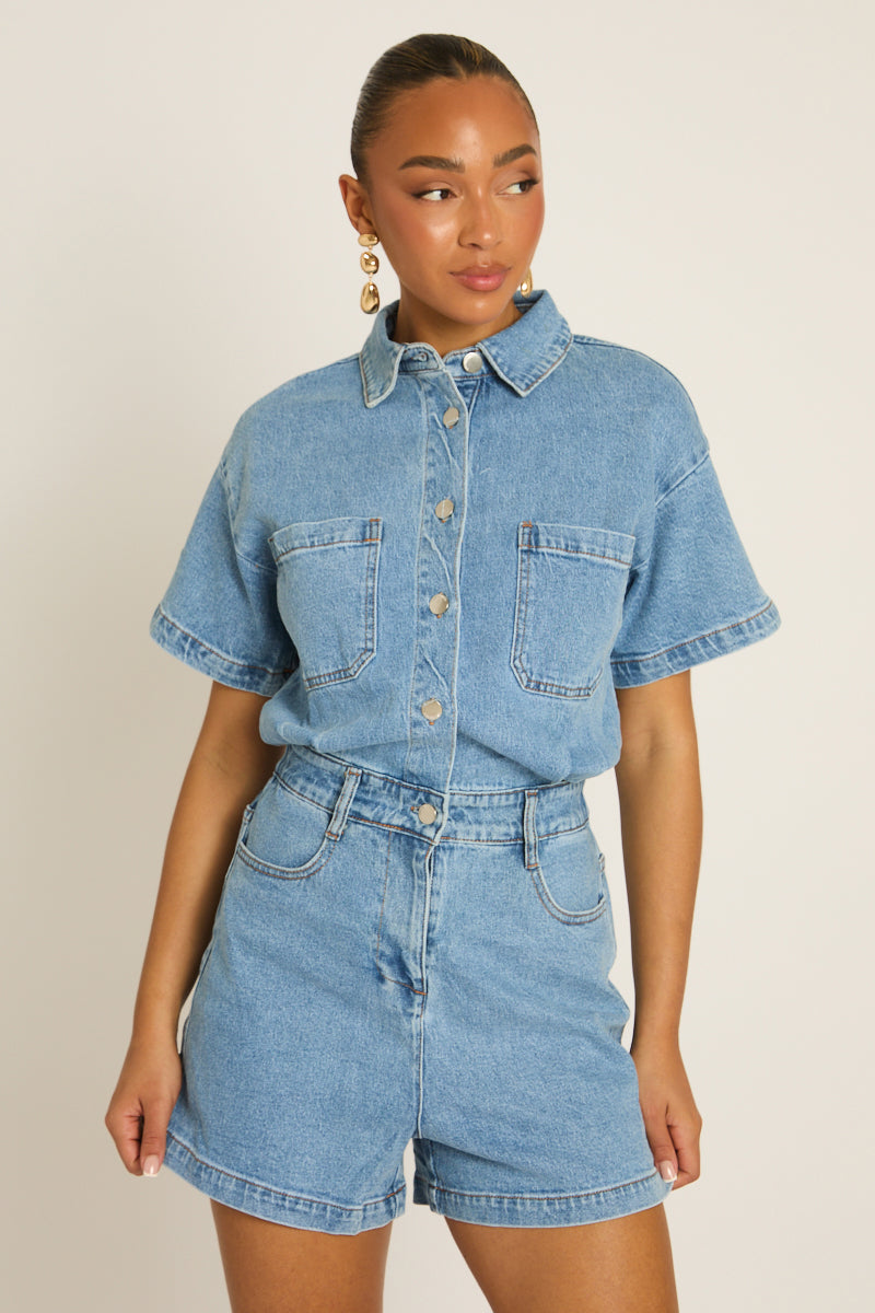 Washed Blue Denim Playsuit - Keke Position 2