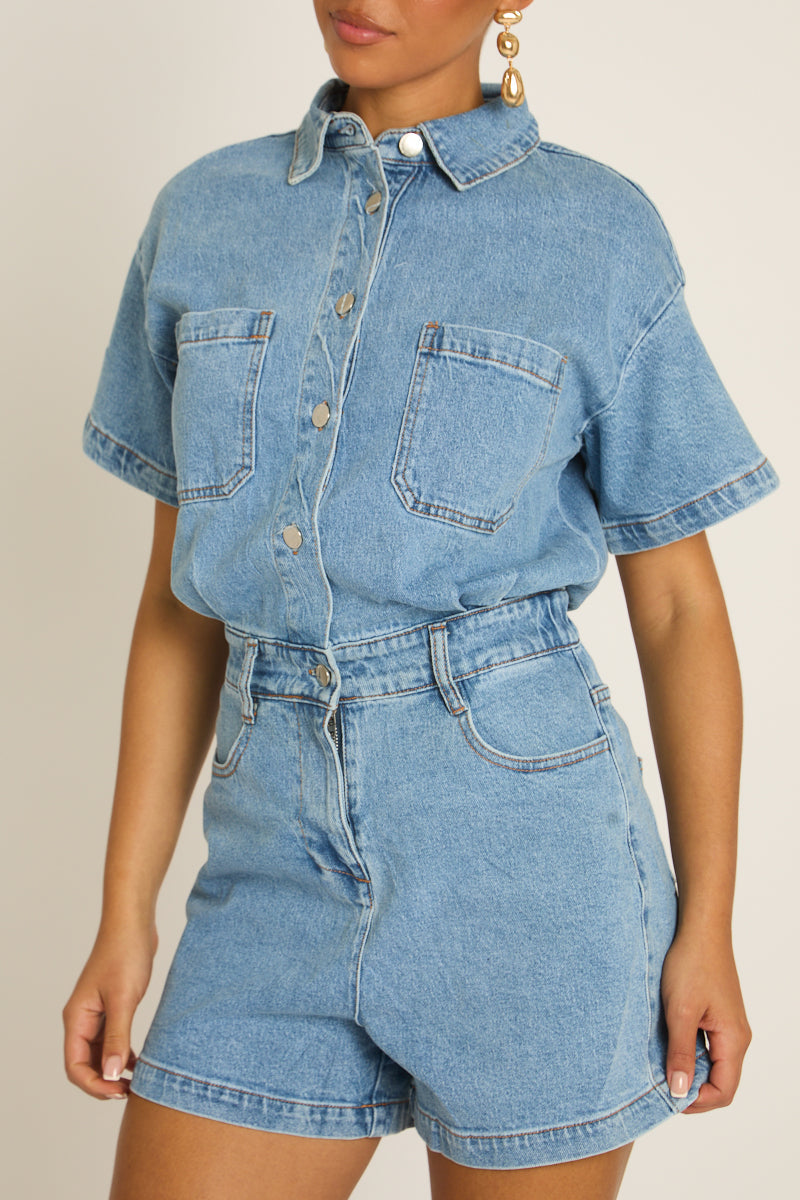 Washed Blue Denim Playsuit - Keke Position 3