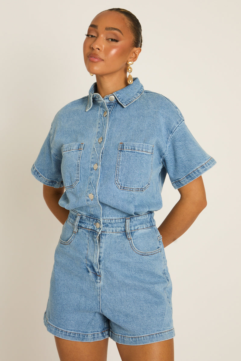Washed Blue Denim Playsuit - Keke Position 5