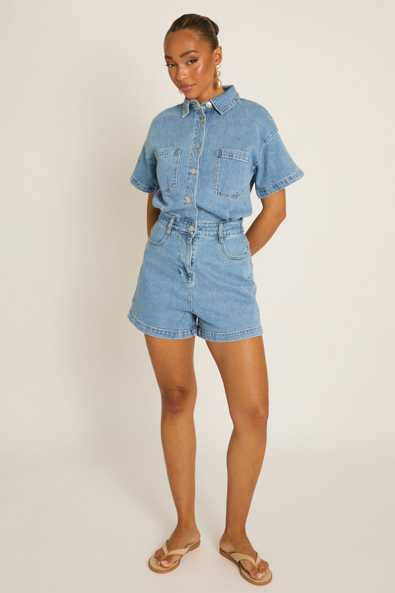 Washed Blue Denim Playsuit - Keke Position 1