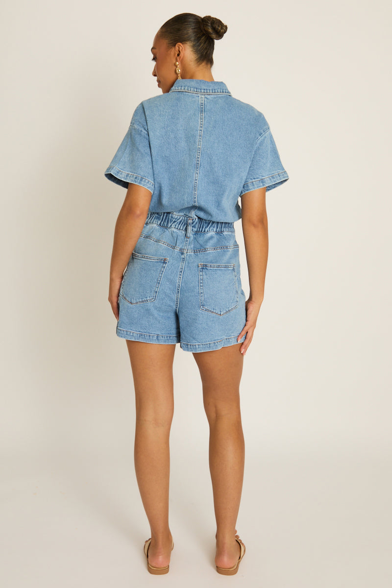 Washed Blue Denim Playsuit - Keke Position 4