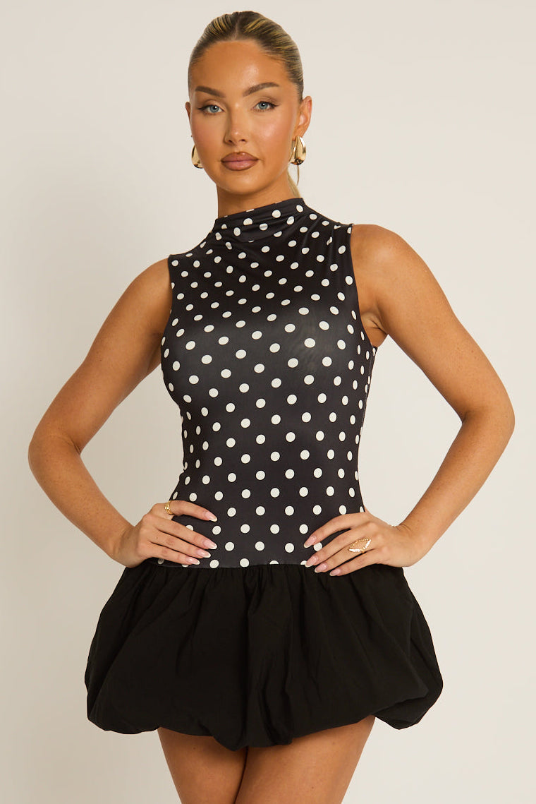 Black Polka Dot High Neck Puffball Mini Dress - Carmelita Position 1