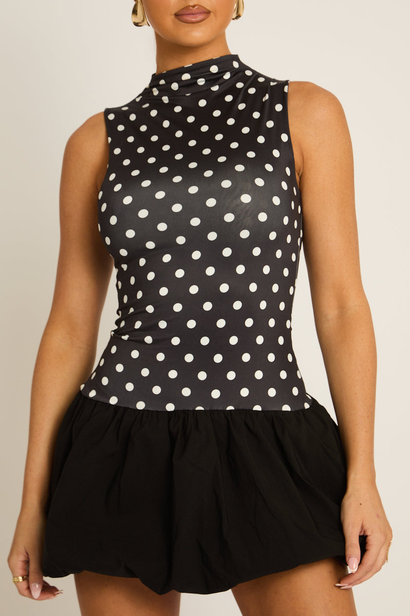 Black Polka Dot High Neck Puffball Mini Dress - Carmelita Position 4